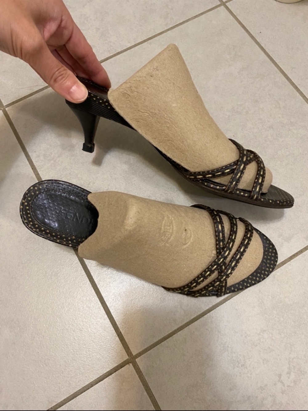 Vintage Fendi Brown Strappy Mule Heels - Elegant Open-Toe Slide